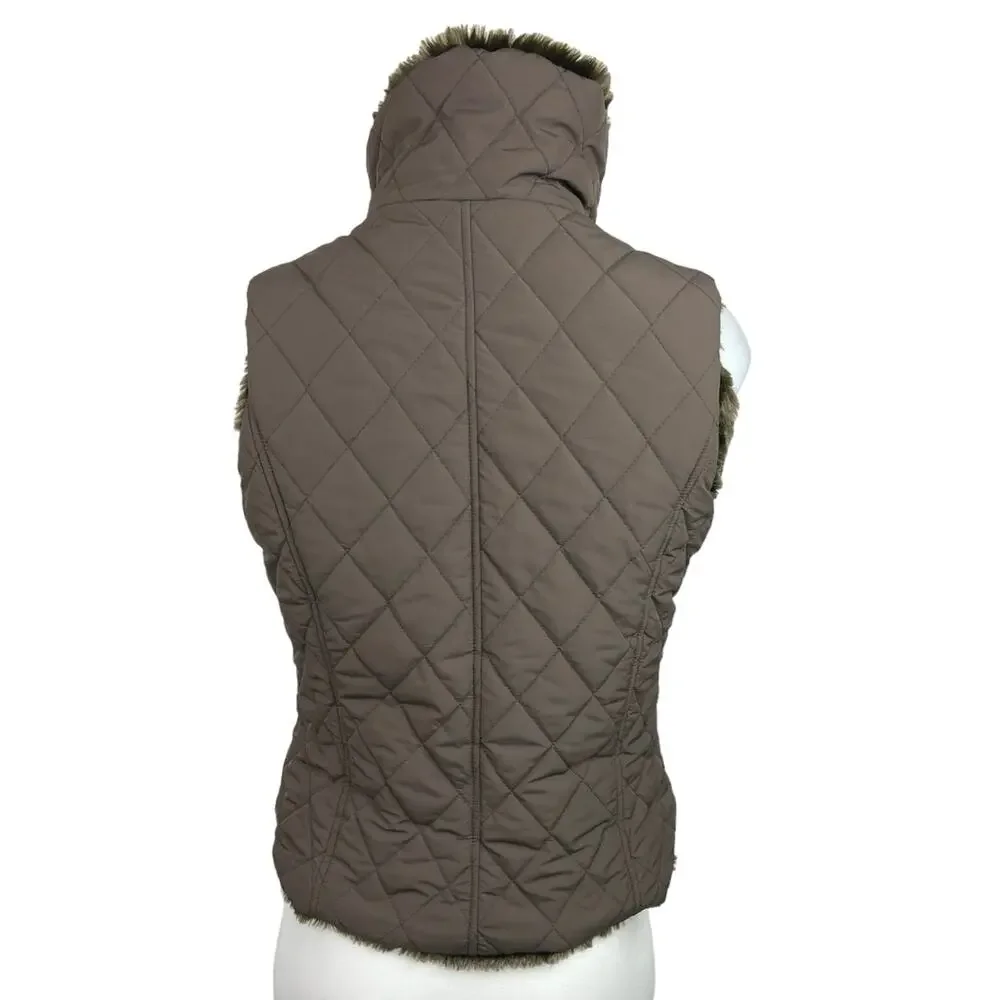 WeatherProof Reversible Green Fur Quilted Puffer High Neck Vest Jacket Coat Sz S